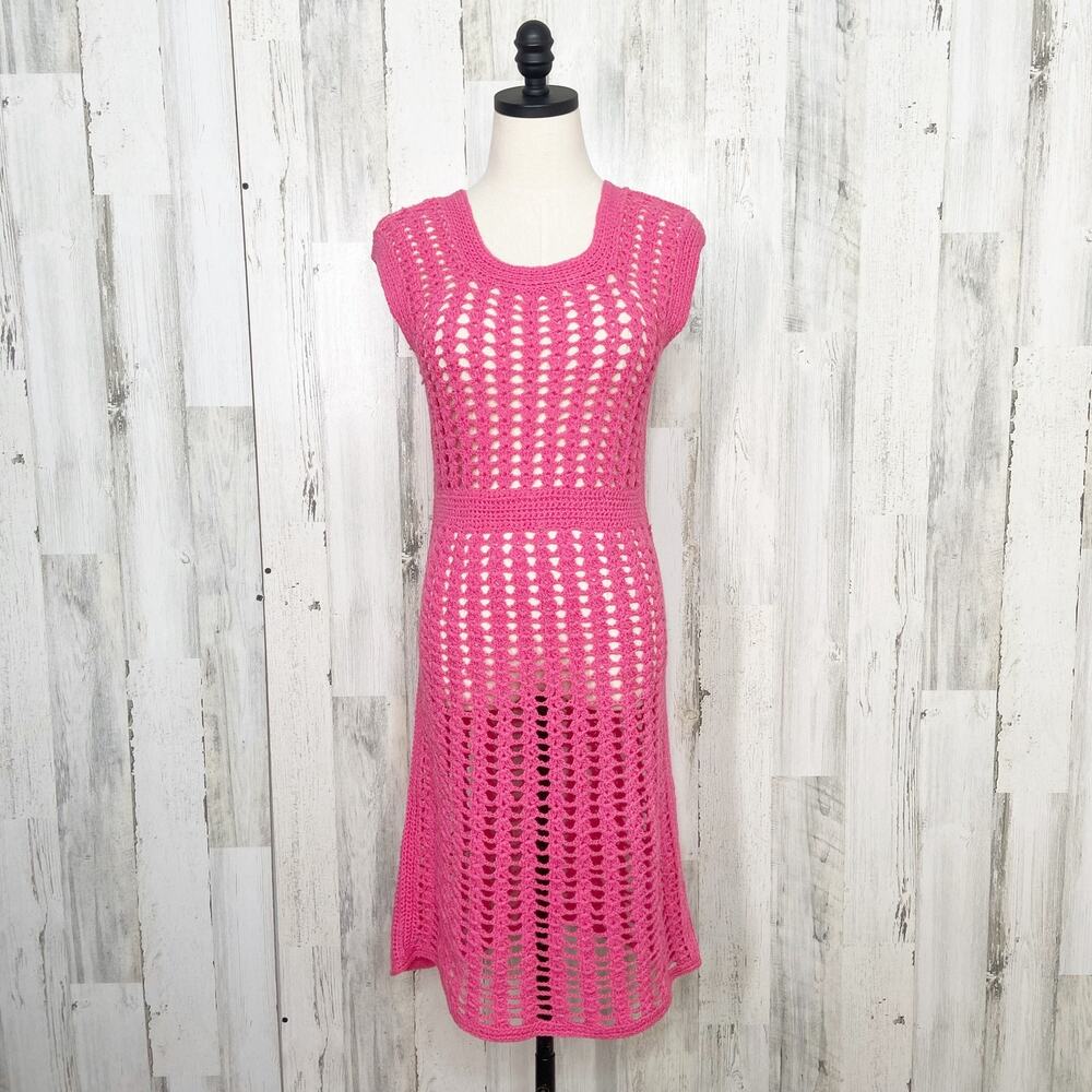 Vintage Handmade Crochet Open Knit Dress Pink Coverup Granny Core Beach Size XS